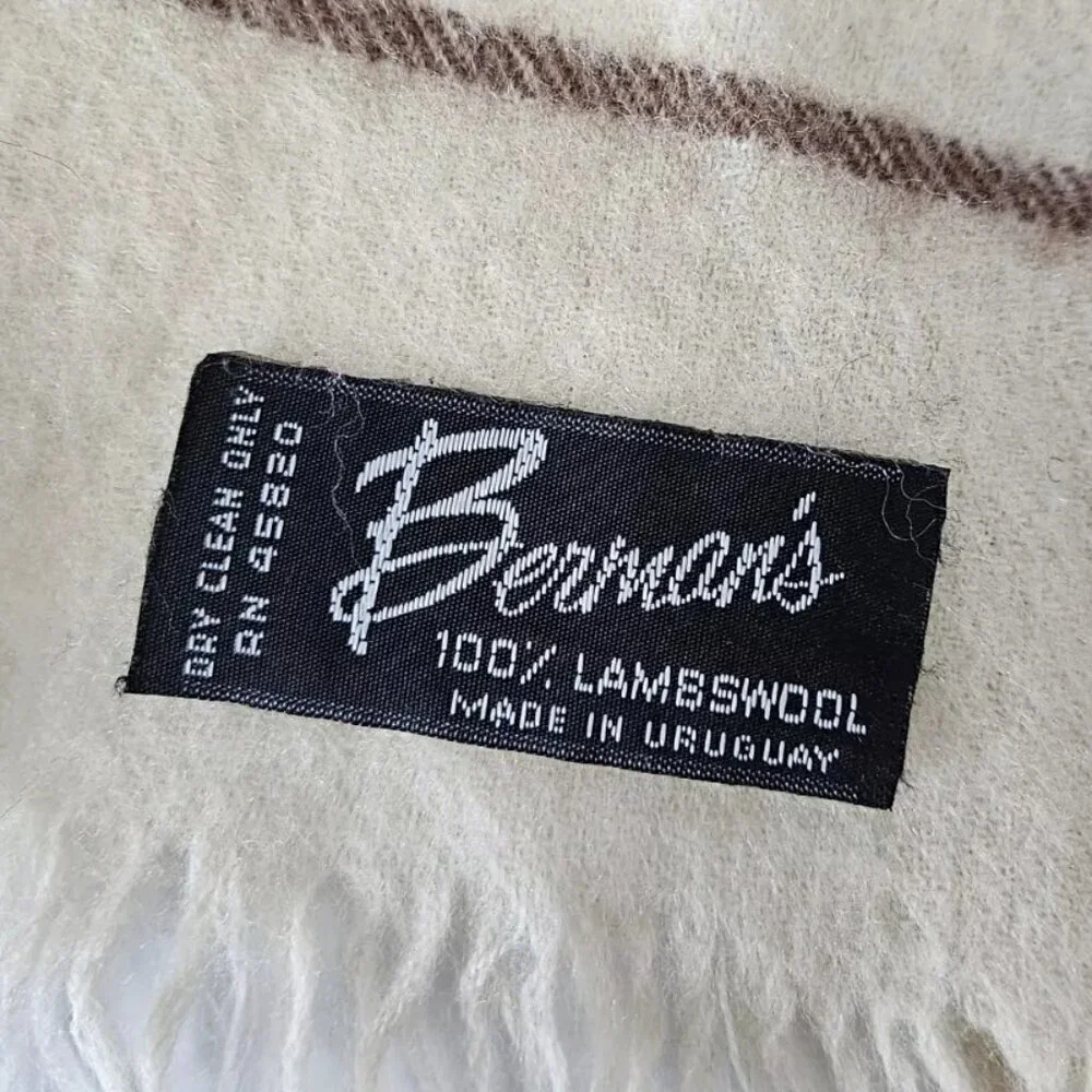 Vintage Bermans 100% Lambswool Scarf With Fringe Cream Striped Design